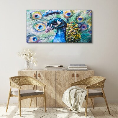 Colorful peacock among feathers Canvas print