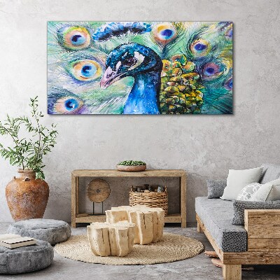 Colorful peacock among feathers Canvas print