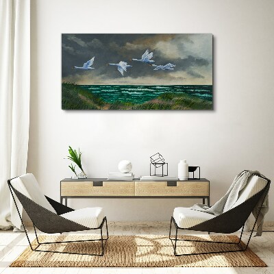 Flight of swans over the sea Canvas Wall art
