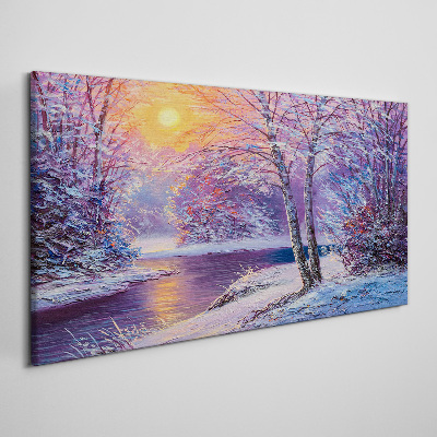 Winter forest river sunset Canvas Wall art