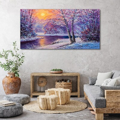 Winter forest river sunset Canvas Wall art