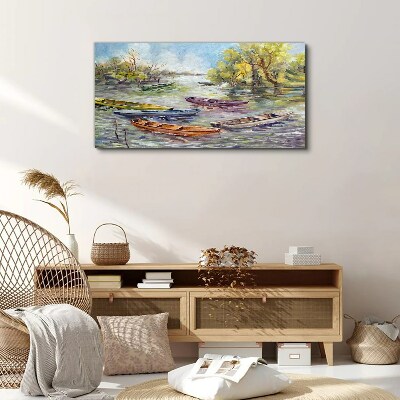 Lake boats tree sky Canvas Wall art