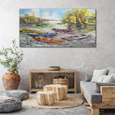 Lake boats tree sky Canvas Wall art