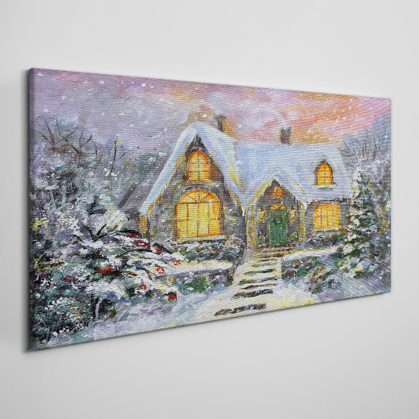 Winter landscape with a house in the forest Canvas Wall art