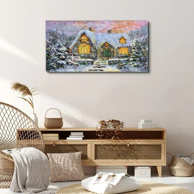 Winter landscape with a house in the forest Canvas Wall art