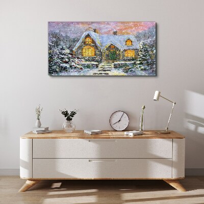 Winter landscape with a house in the forest Canvas Wall art