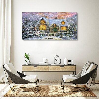 Winter landscape with a house in the forest Canvas Wall art