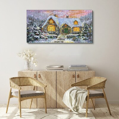 Winter landscape with a house in the forest Canvas Wall art