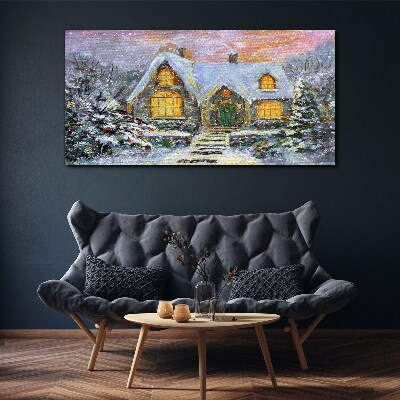 Winter landscape with a house in the forest Canvas Wall art
