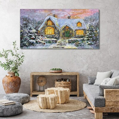 Winter landscape with a house in the forest Canvas Wall art