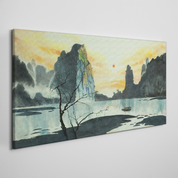 A peaceful landscape with a mountain and a boat Canvas print