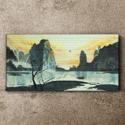 A peaceful landscape with a mountain and a boat Canvas print