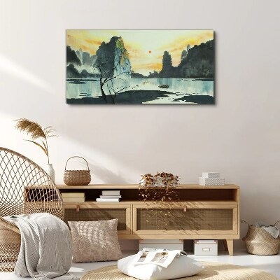 A peaceful landscape with a mountain and a boat Canvas print