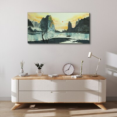 A peaceful landscape with a mountain and a boat Canvas print