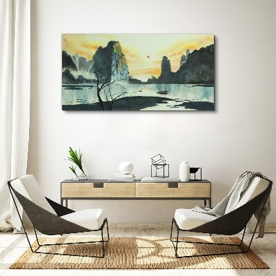 A peaceful landscape with a mountain and a boat Canvas print