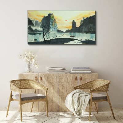 A peaceful landscape with a mountain and a boat Canvas print