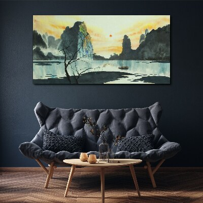 A peaceful landscape with a mountain and a boat Canvas print