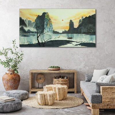 A peaceful landscape with a mountain and a boat Canvas print