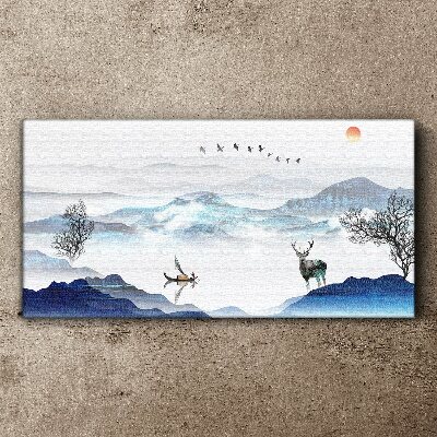 A peaceful mountain landscape with a deer Canvas Wall art