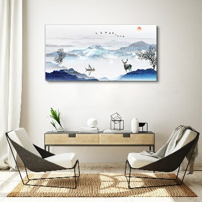 A peaceful mountain landscape with a deer Canvas Wall art