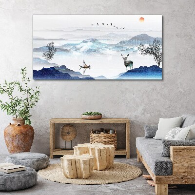 A peaceful mountain landscape with a deer Canvas Wall art