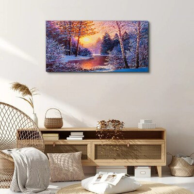 Forest river snow sunset Canvas Wall art