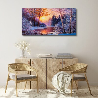 Forest river snow sunset Canvas Wall art