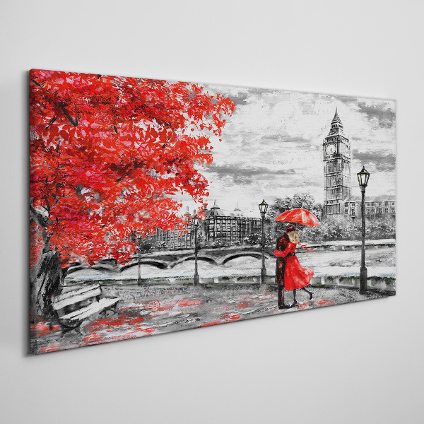 Red umbrella in rainy London Canvas print