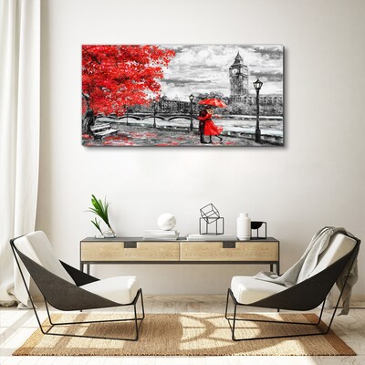 Red umbrella in rainy London Canvas print