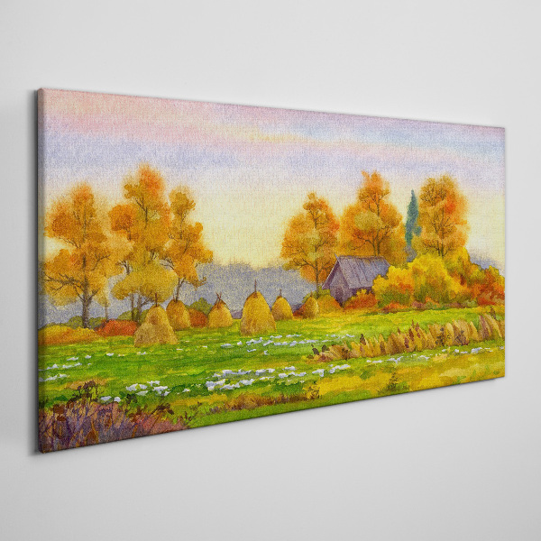 Autumn village with orchard and stacks Canvas print