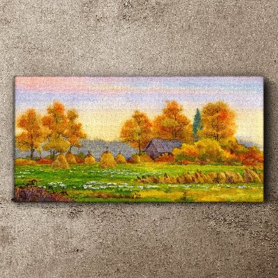 Autumn village with orchard and stacks Canvas print