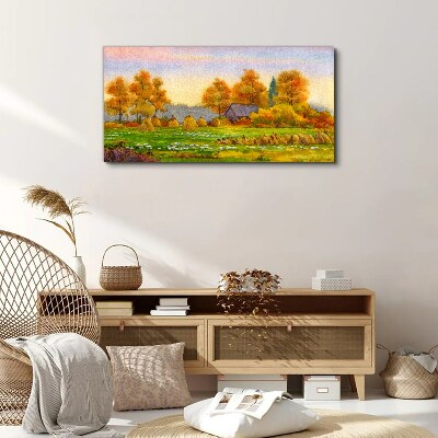 Autumn village with orchard and stacks Canvas print