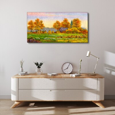 Autumn village with orchard and stacks Canvas print