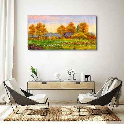 Autumn village with orchard and stacks Canvas print