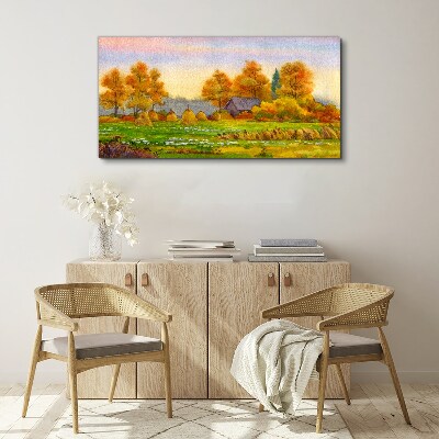 Autumn village with orchard and stacks Canvas print