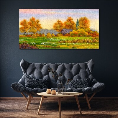 Autumn village with orchard and stacks Canvas print