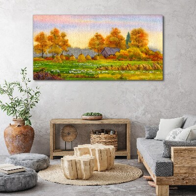 Autumn village with orchard and stacks Canvas print