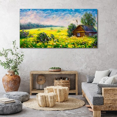 Summer landscapes with a cottage in the field Canvas Wall art
