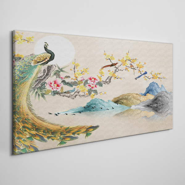 Peacock in Blooming Landscape Canvas Wall art