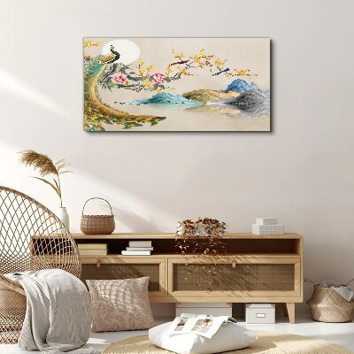Peacock in Blooming Landscape Canvas Wall art