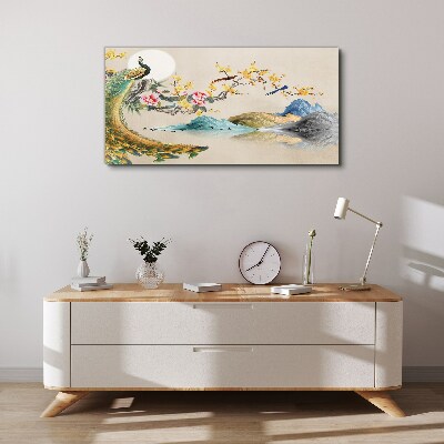 Peacock in Blooming Landscape Canvas Wall art