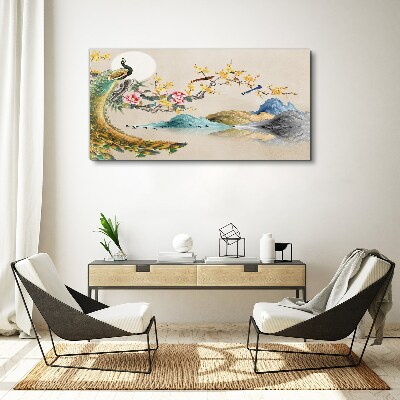 Peacock in Blooming Landscape Canvas Wall art