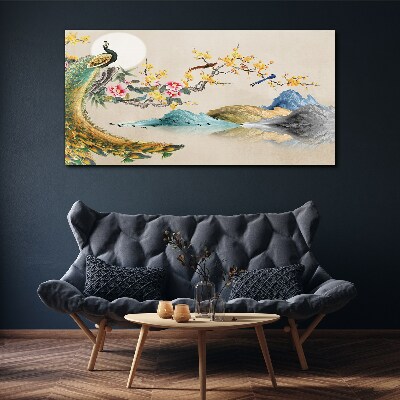 Peacock in Blooming Landscape Canvas Wall art