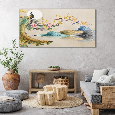 Peacock in Blooming Landscape Canvas Wall art