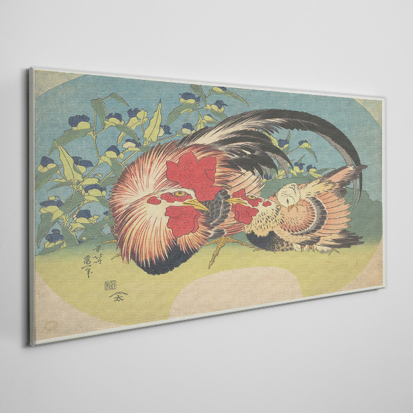 Rooster and chicken in the garden Canvas print