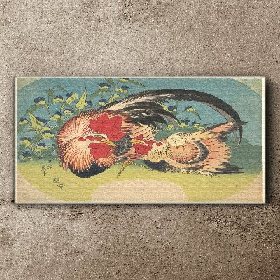 Rooster and chicken in the garden Canvas print