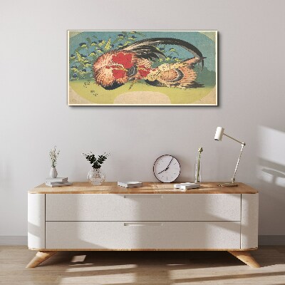 Rooster and chicken in the garden Canvas print