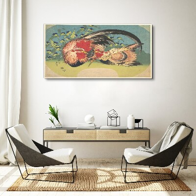 Rooster and chicken in the garden Canvas print