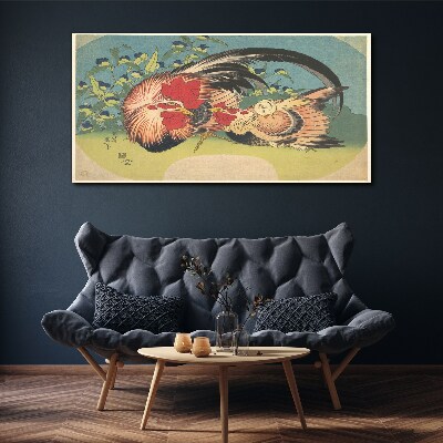 Rooster and chicken in the garden Canvas print
