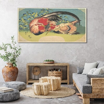 Rooster and chicken in the garden Canvas print